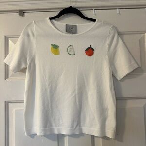 Liv Milano White Knit Tee With Fruit Beading Embroidery Size M Short Sleeve